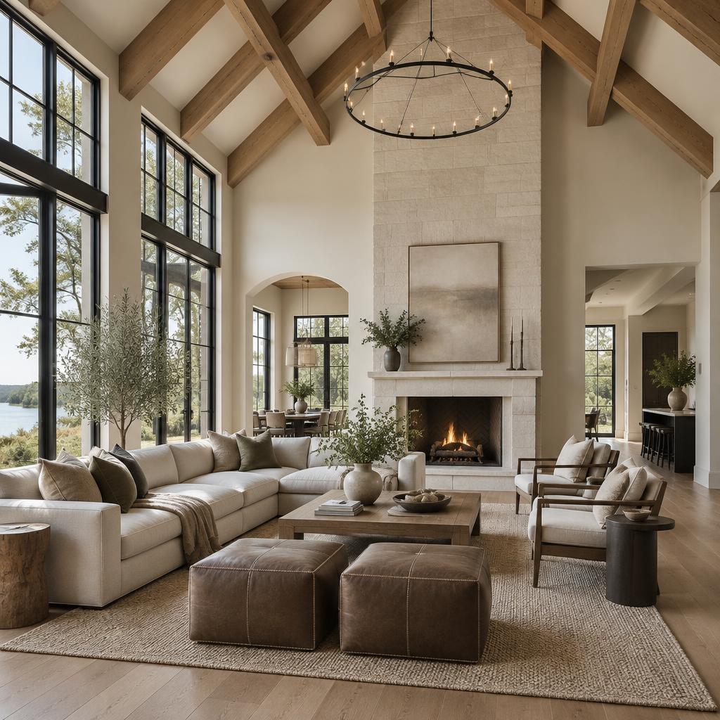 Great room of a new custom home with vaulted oak beams