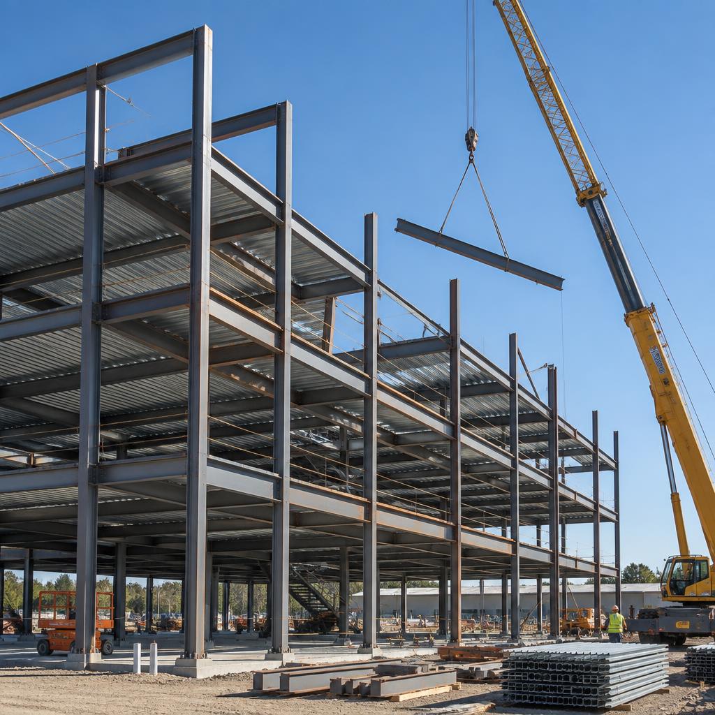 Commercial building steel frame going up on site
